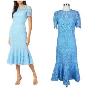 NEW Shoshanna | Darcy Sky Blue Lace Ruffle Mermaid Sheath Cocktail Midi Dress 4